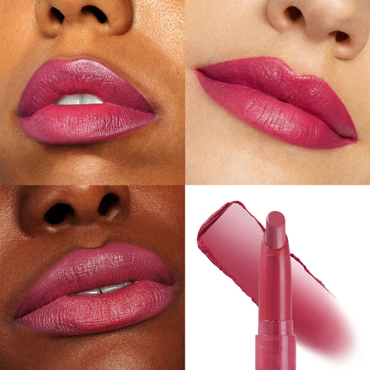 ColourPop Lippie Stix Songbird delivering creamy rosy-berry color - shown applied on two models’ lips and swatched beside the twist-up bullet - close-up collage on white background highlighting satin finish and full-coverage pigment.