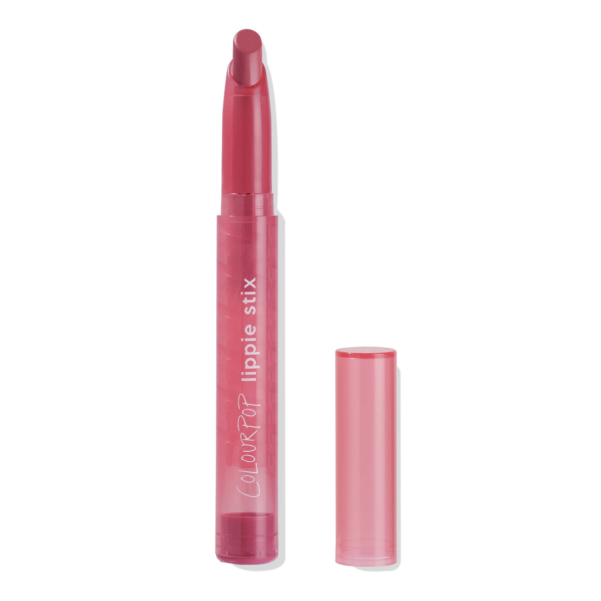 ColourPop Lippie Stix Byron Babe standing uncapped, rosy pink bullet twisted up in a translucent pink tube with white βlippie stixβ branding, cap set beside it on a clean white background, ready for precise lip color application.