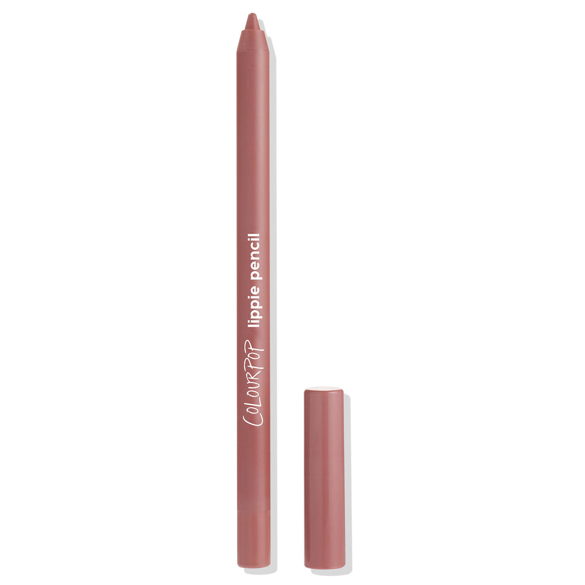 Beeper ColourPop Lippie Pencil standing upright with cap removed, showing a rosy mauve nude tip; matte rose-brown barrel with white logo and cap set beside on a white background for precise lip lining.