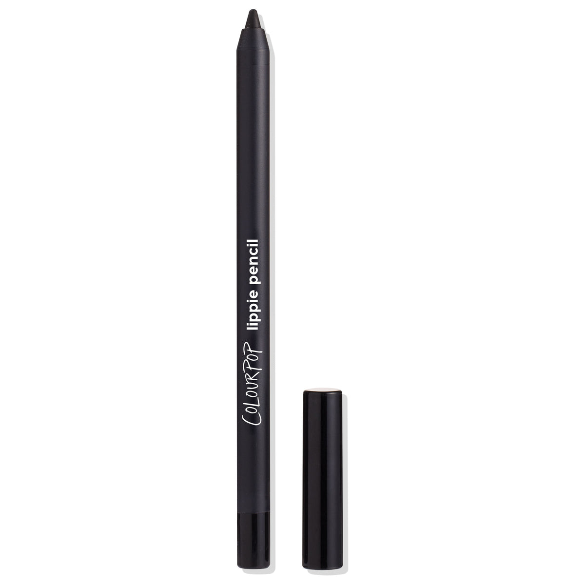Bull Chic ColourPop Lippie Pencil stands uncapped to reveal its deep black lip liner tip, the matte black barrel labeled “lippie pencil,” with the glossy cap placed beside it on a clean white background.