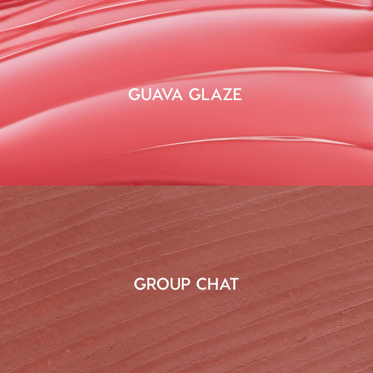 Glazed Pout swatches show ColourPop So Juicy Plumping Lip Liner & Balm Set: top glossy coral balm “Guava Glaze” and bottom warm rosy-brown liner “Group Chat,” split panel highlighting texture and shade pairing.