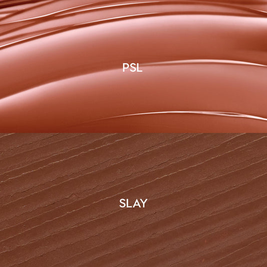 Swatches show a glossy terracotta balm labeled PSL over a matte deep cocoa liner labeled SLAY, demonstrating shade and texture of the Smooches ColourPop So Juicy Plumping Lip Liner & Balm Set, with smooth curved balm streaks and fine liner strokes.