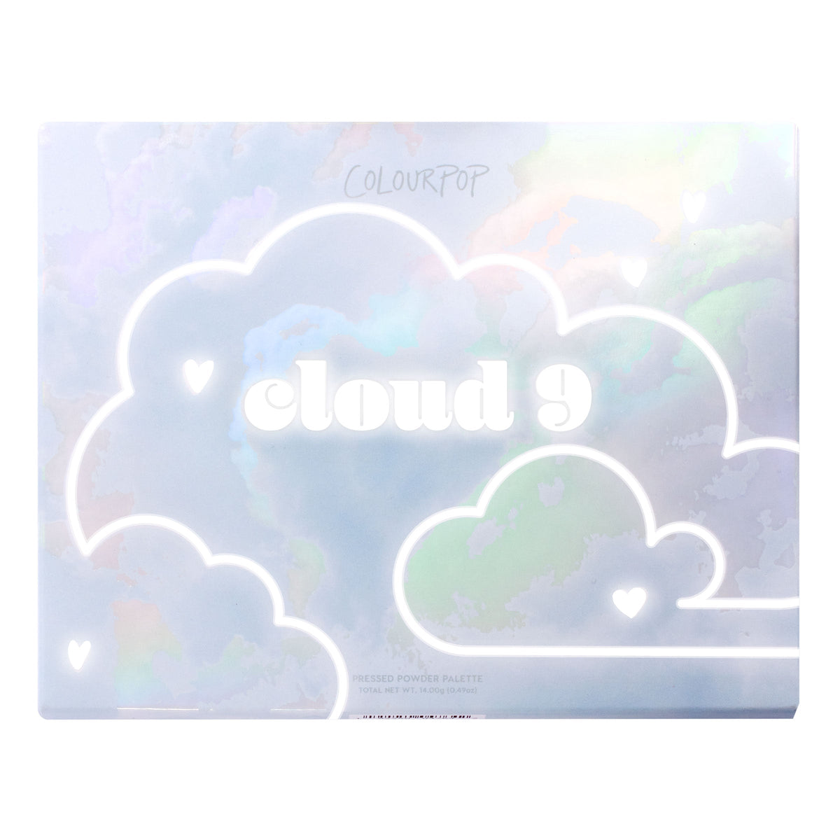 Cloud 9 ColourPop Shadow Palette sits closed, showing a holographic pastel sky design with white outlined clouds, tiny heart icons, and bold 'cloud 9' lettering on the lid, a rectangular pressed powder eyeshadow palette on a white backdrop.