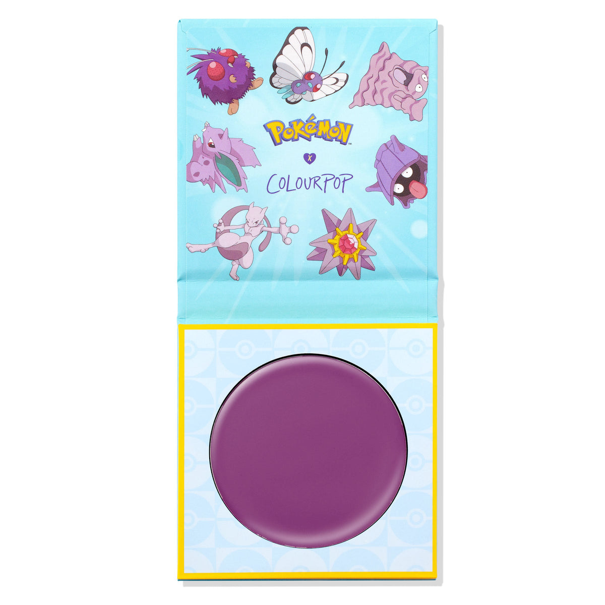 Purple ColourPop Cream Blush, shade Hypnosis, shown in an open compact with a round pan; Pokémon x ColourPop light blue packaging with character art and a yellow border frames the product.