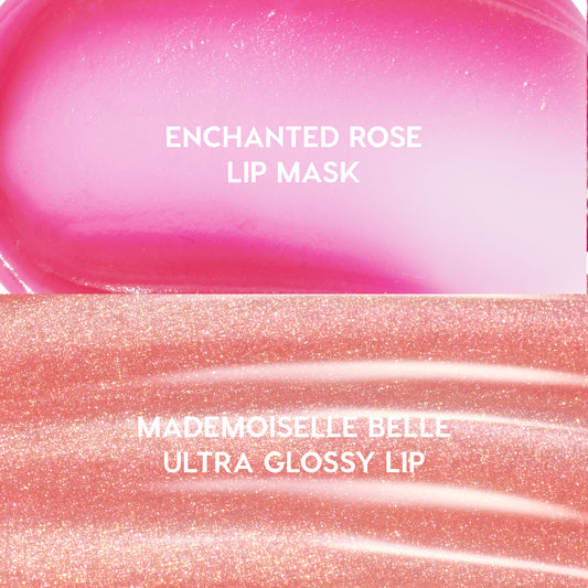 Beautiful Belle Disney Princess set showing Enchanted Rose Lip Mask in glossy ombre pink above Mademoiselle Belle Ultra Glossy Lip in shimmering peach swatch, highlighting color payoff and texture of the Belle lip mask & UGL duo.