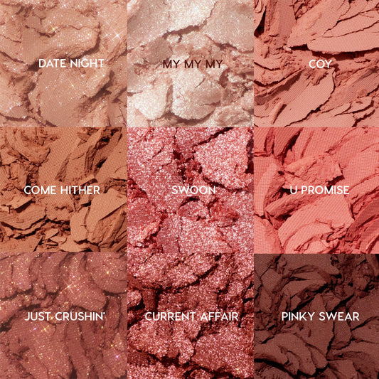 Blush Baby ColourPop Shadow Palette displays nine crushed rose-to-mauve pans - Date Night, My My My, Coy, Come Hither, Swoon, U Promise, Just Crushin’, Current Affair, Pinky Swear - mixing matte and sparkly shimmer finishes in a tight grid close-up.