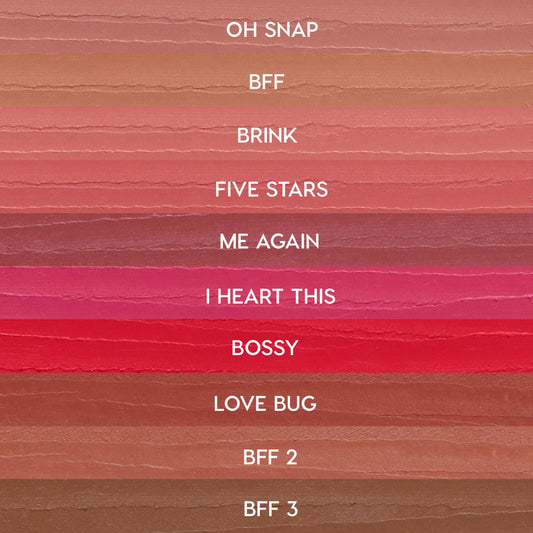 ColourPop Lippie Pencil swatches from The Lil Box of Lippie Pencils displayed in horizontal stripes - nudes to pinks and reds - labeled: Oh Snap, BFF, Brink, Five Stars, Me Again, I Heart This, Bossy, Love Bug, BFF 2, BFF 3.