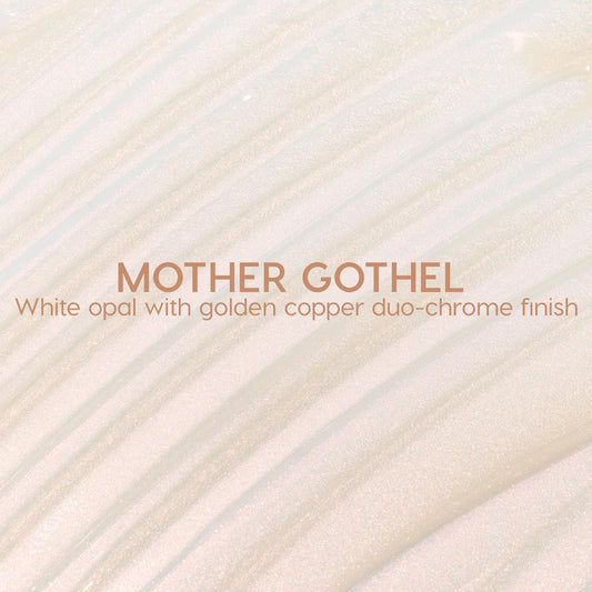 Mother Gothel ColourPop Liquid Highlighter swatched in glossy, sweeping strokes, showing a white opal base that shifts to a golden copper duochrome with fine shimmer; close-up texture view for shade selection.