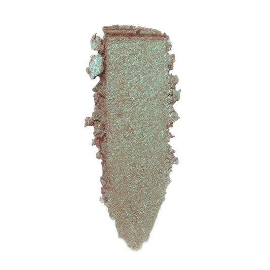 Shimmery rose-gold to mint duochrome swatch spreads in a single vertical swipe, showcasing the sparkle payoff of Rooftop Cocktails, a ColourPop Super Shock Shadow cream-to-powder eyeshadow, on a clean white background.