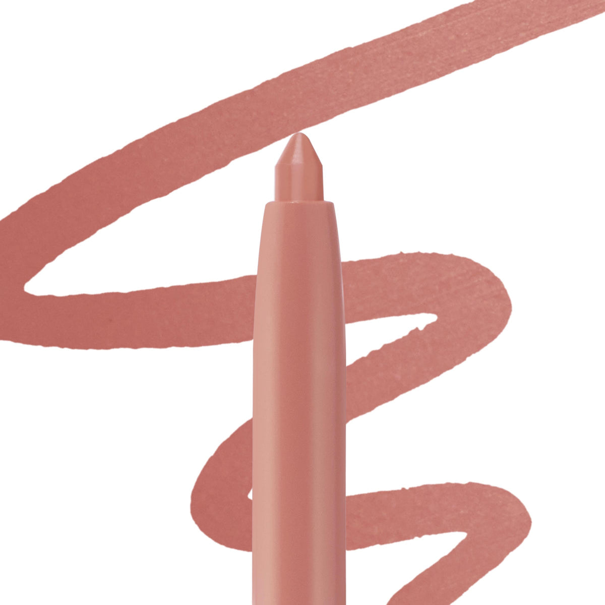 ColourPop So Juicy Plumping Lip Liner with Peptides in Love That glides a warm rosy nude line, shown with the twist-up tip centered and a matching swoosh swatch on a white background to highlight smooth payoff and precise definition.