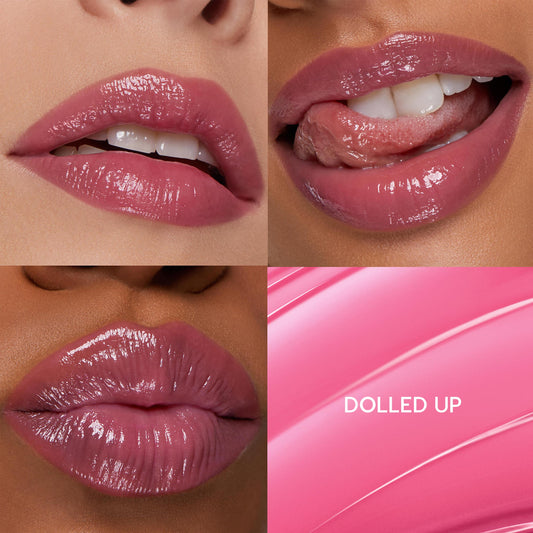 ColourPop So Juicy Plumping Gloss Balm with Peptides in Dolled Up glazing lips with a high-shine rosy-mauve finish, shown in a 4-panel grid of close-up wear shots alongside a glossy swatch panel labeled Dolled Up.
