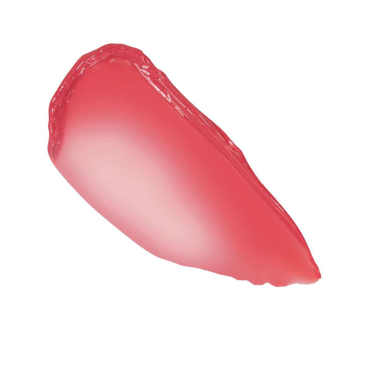 Guava Glaze swatch showing a glossy, sheer coral-pink smear of ColourPop So Juicy Plumping Gloss Balm with Peptides, highlighting cushiony shine and smooth texture, displayed close up on a clean white background.