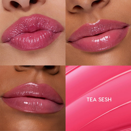 Glossy, plumped lips wearing Tea Sesh, a rosy pink ColourPop So Juicy Plumping Gloss Balm with Peptides, shown in a four-tile grid with three close-up lip shots and a bright pink swatch panel labeled TEA SESH.