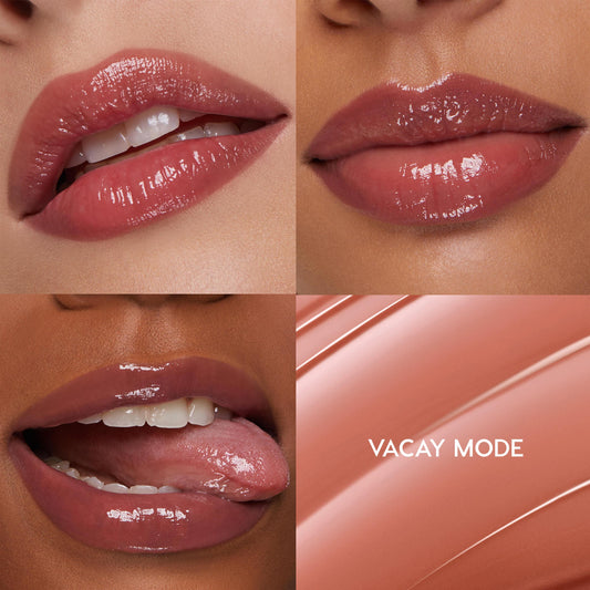 Vacay Mode shades lips in a glossy rosy nude, shown in three close-up lip shots and a swipe swatch in a 4-panel grid; ColourPop So Juicy Plumping Gloss Balm with Peptides delivers plumping shine and smooth hydration.