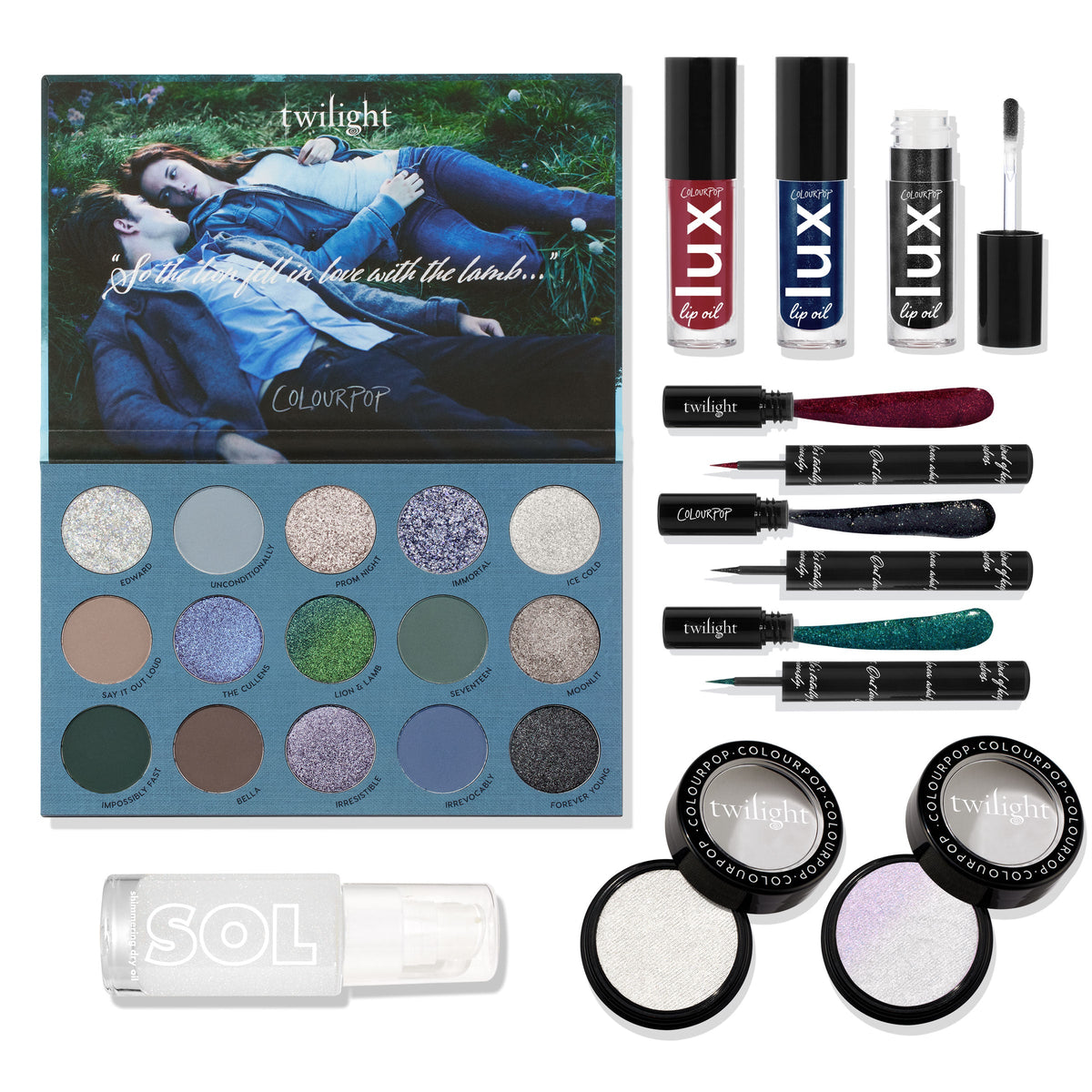 Twilight x ColourPop Full Collection set displays a 12-shade cool-toned eyeshadow palette with a movie-scene cover, three LUX lip oils (red, blue, black sparkle), four shimmery liquid liners, two Super Shock highlighters, and a SOL body glow; ColourPop makeup gift set.
