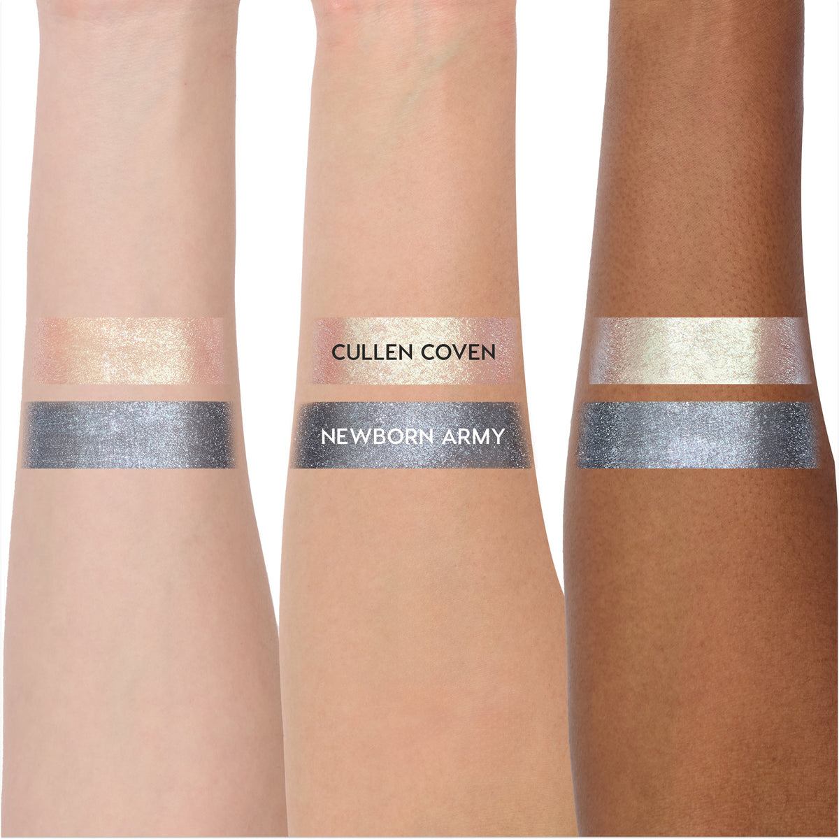 Coven Clash Jelly Much Duo Twilight collection swatched on three arms, showing shimmery pale gold Cullen Coven and metallic steel gray Newborn Army shades with opaque, reflective payoff across light to deep skin tones.