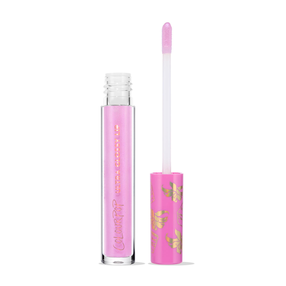 Rapunzel ColourPop Ultra Glossy Lip stands upright with the doe-foot applicator pulled from the tube, revealing shimmery pink gloss; clear bottle with pink iridescence and gold lettering, pink cap with gold floral motifs on a white studio background.