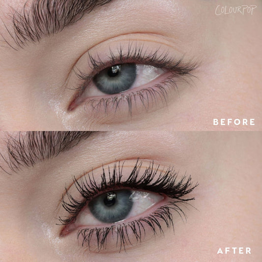 Lashes transforming - after frame shows longer, thicker, jet‑black lashes versus natural before - achieved with ColourPop BFF Mascara in Black on Black, illustrating dramatic length, volume, and curl in a close-up eye comparison.