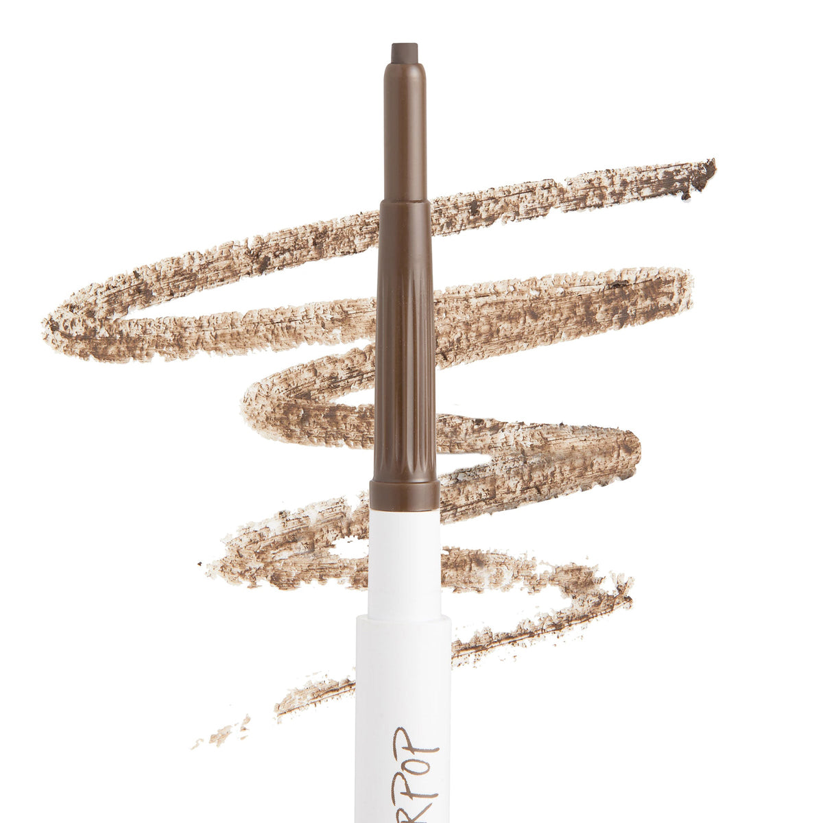 ColourPop Cool Cocoa Pencil brow pencil extends its retractable tip, laying cool‑toned medium brown swatch strokes on a clean white background to showcase the shade payoff and smooth, creamy texture.