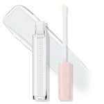 ColourPop Ultra Glossy Lip 20 Carats shown with clear gloss tube and doe-foot applicator, cap off; pastel pink cap with white star accents, transparent high-shine swatch behind on white background.