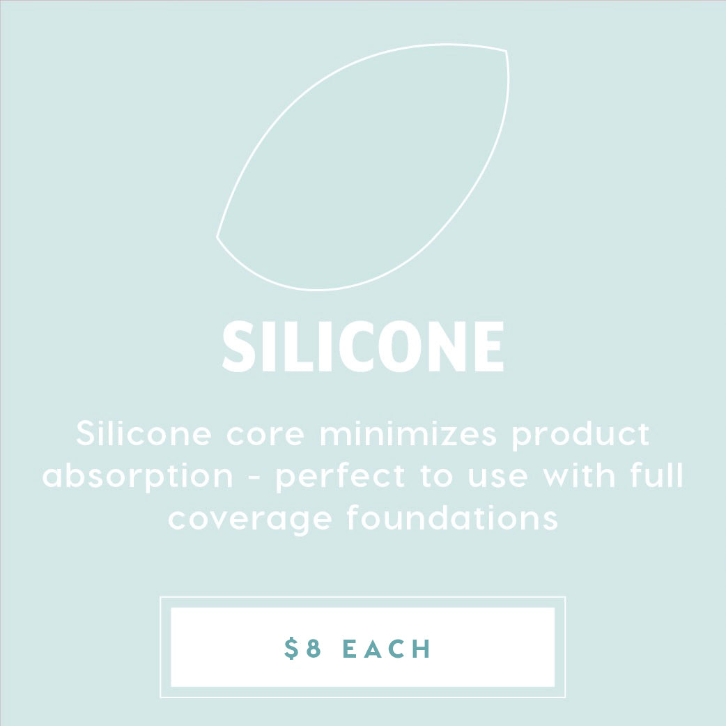 Silicone Blending Sponge - clear, leaf-shaped makeup sponge with a silicone core that minimizes product absorption, ideal for full-coverage foundation; promo graphic lists $8 each, featured in ColourPop Makeup Tools & Accessories.