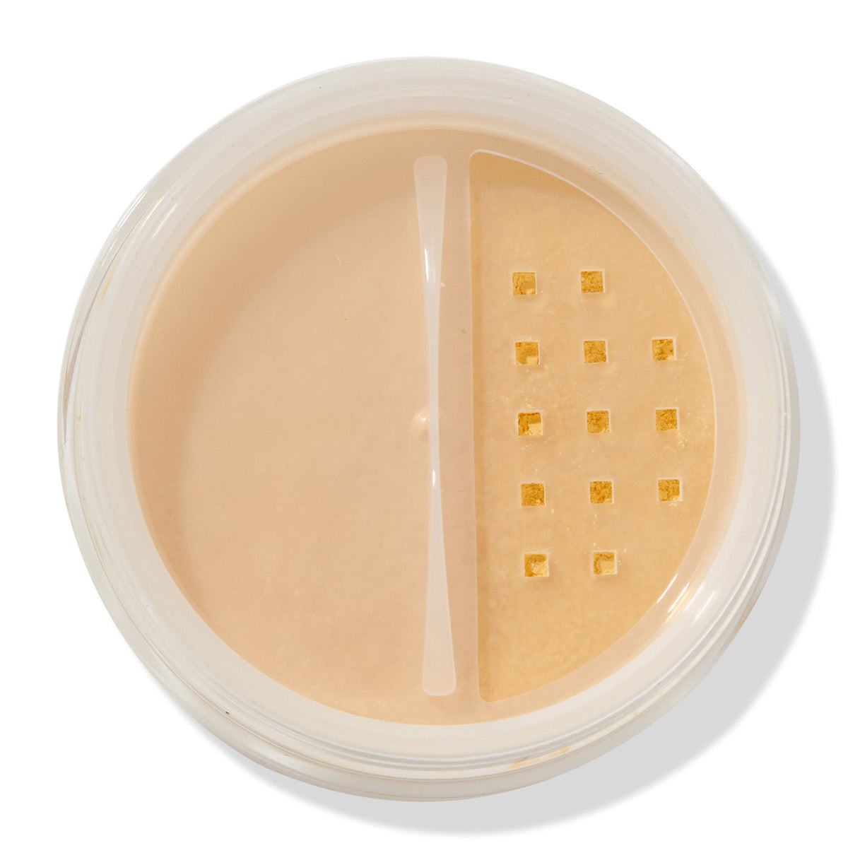 Top-down view of an open round jar of ColourPop No Filter Loose Setting Powder in Banana, showing a half divider and square-hole sifter dispensing pale yellow powder against a clean white background.