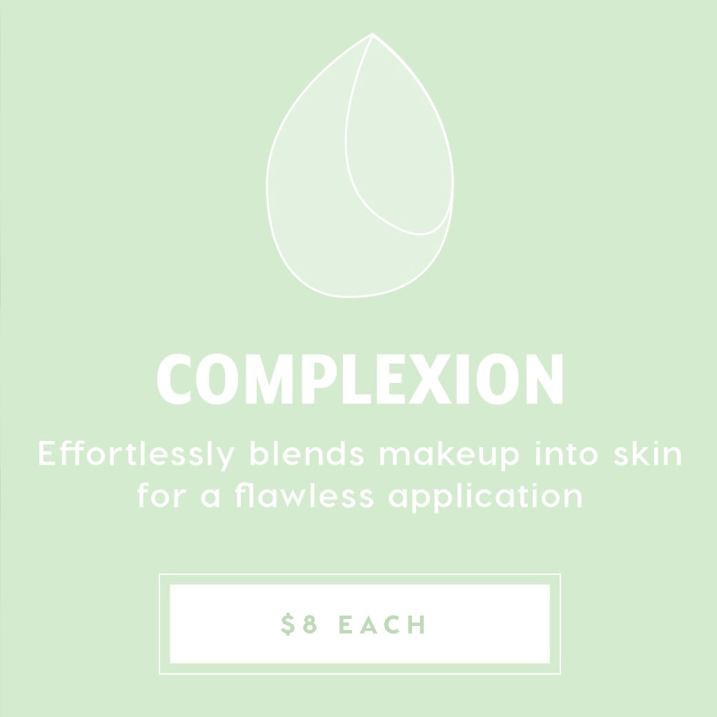 Complexion Blending Sponge blending foundation and concealer to a flawless finish, showcased on a mint-green promo card with a teardrop sponge line icon and $8 each price, part of ColourPop Makeup Tools & Accessories.