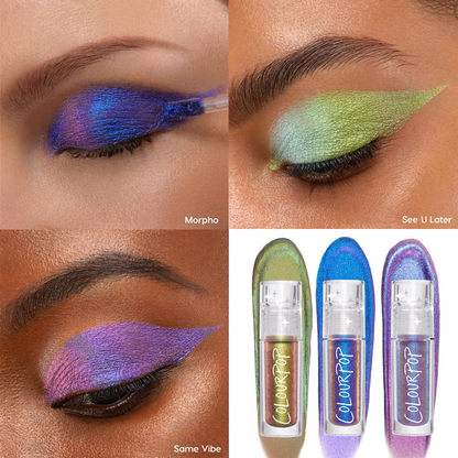 ColourPop Feelin’ Bold chrome liquid shadow swiped on lids - blue‑violet Morpho applied with a doe‑foot, lime‑green See U Later wing, and pink‑purple Same Vibe - shown beside three tubes over matching iridescent swatches.