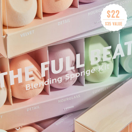 The Full Beat blending sponge kit stacks pastel makeup sponges - Velvet, Detail, Hourglass, Complexion - in boxed compartments with a $22 price badge, a ColourPop Makeup Tools & Accessories set for smooth, flawless foundation and concealer.
