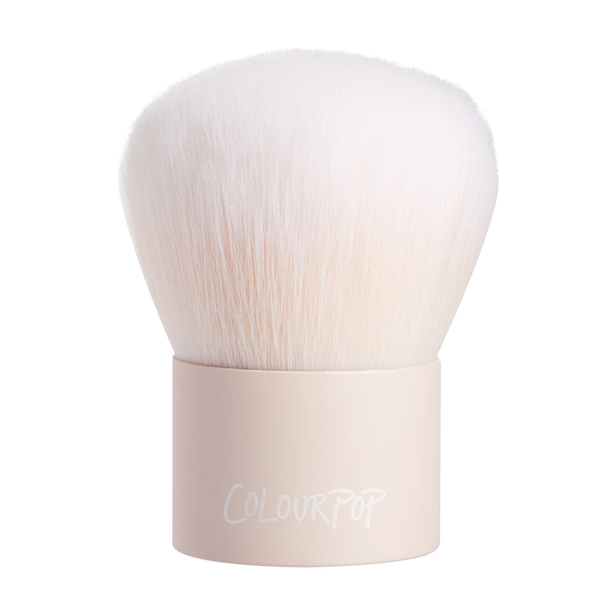Kabuki Face & Body Brush showcasing dense, dome-shaped white bristles fanning from a short matte nude handle with ColourPop logo, upright on a white background, a ColourPop Makeup Brush for buffing and blending face and body powders.