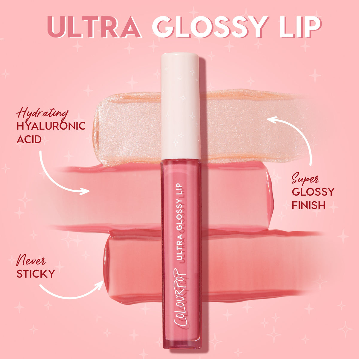 ColourPop Ultra Glossy Lip in All Me stands centered, a pink tube with white cap, displaying pearly shimmer and rosy swatches that highlight a super glossy, non-sticky, hydrating hyaluronic acid formula on a pink, starry backdrop.