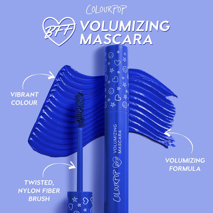 ColourPop BFF Mascara in Swell Season, a bold cobalt blue, shows the tube and open wand with twisted nylon fiber brush depositing vibrant, volumizing pigment against a blue swatch backdrop for dramatic lashes.