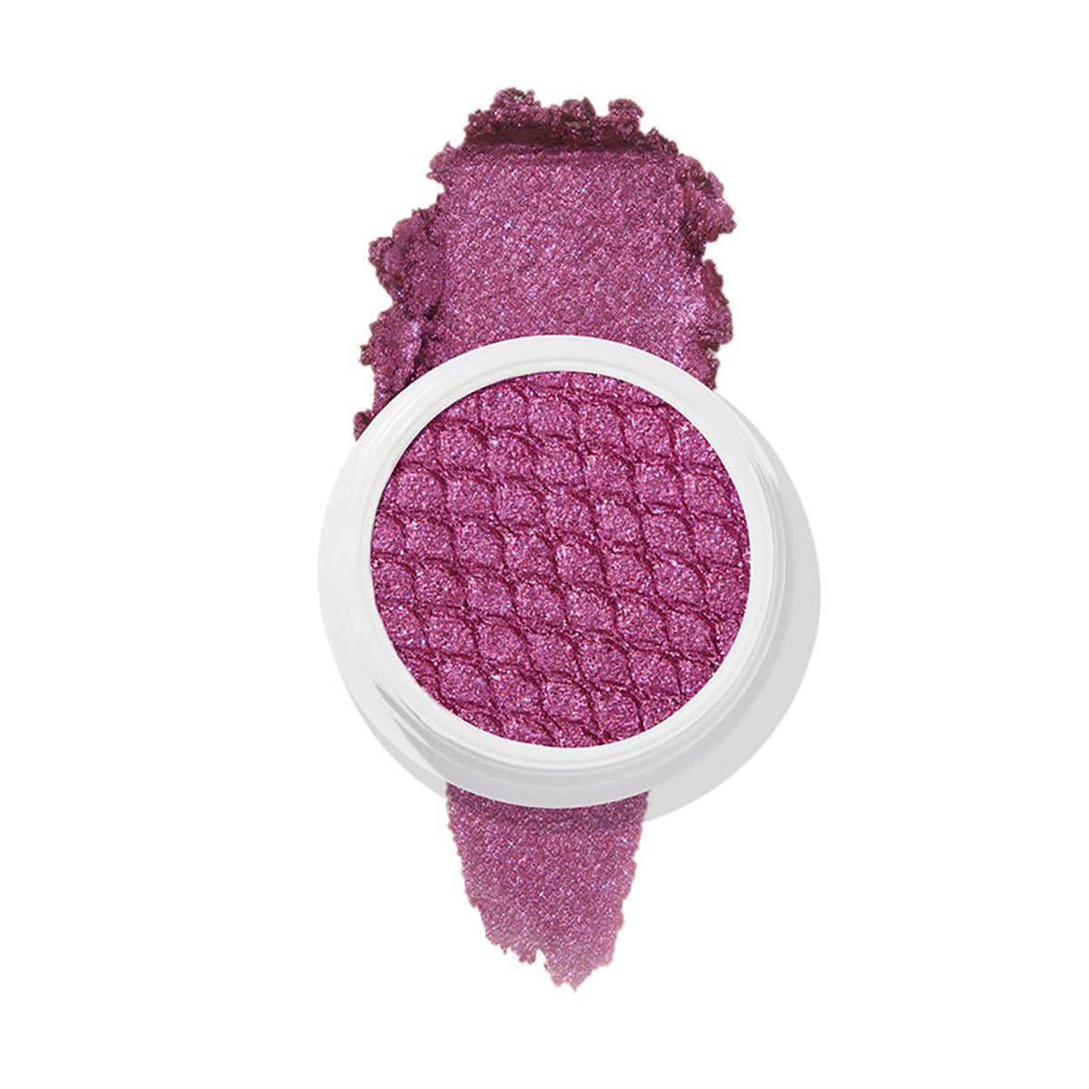 ColourPop Super Shock Shadow eyeshadow Pug Life in a white pot displays its quilted, shimmery purple‑pink shade, with a swipe of pigment above and below the pan on a clean white background.