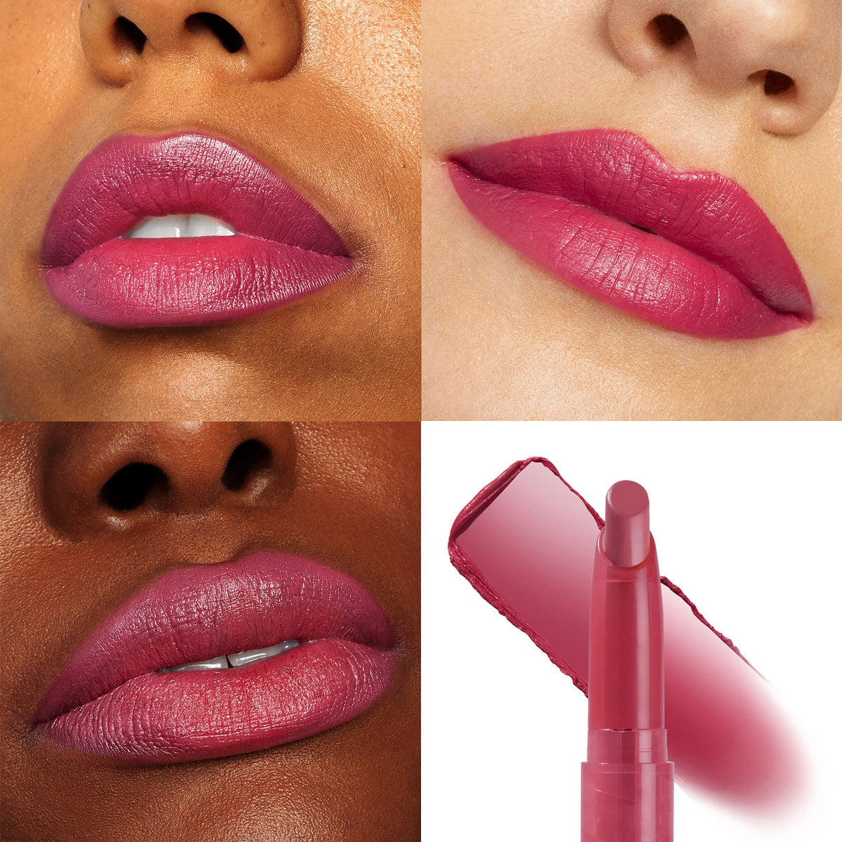 ColourPop Lippie Stix Songbird delivering creamy rosy-berry color - shown applied on two models’ lips and swatched beside the twist-up bullet - close-up collage on white background highlighting satin finish and full-coverage pigment.