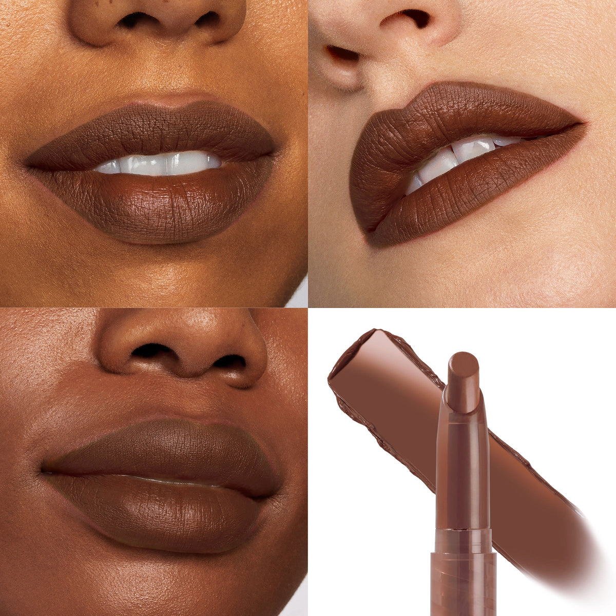 Grunge ColourPop Lippie Stix coating lips in a rich chocolate-brown shade, shown in a four-panel close-up on multiple lip tones with a product bullet and swipe on white, highlighting creamy, full-coverage color.
