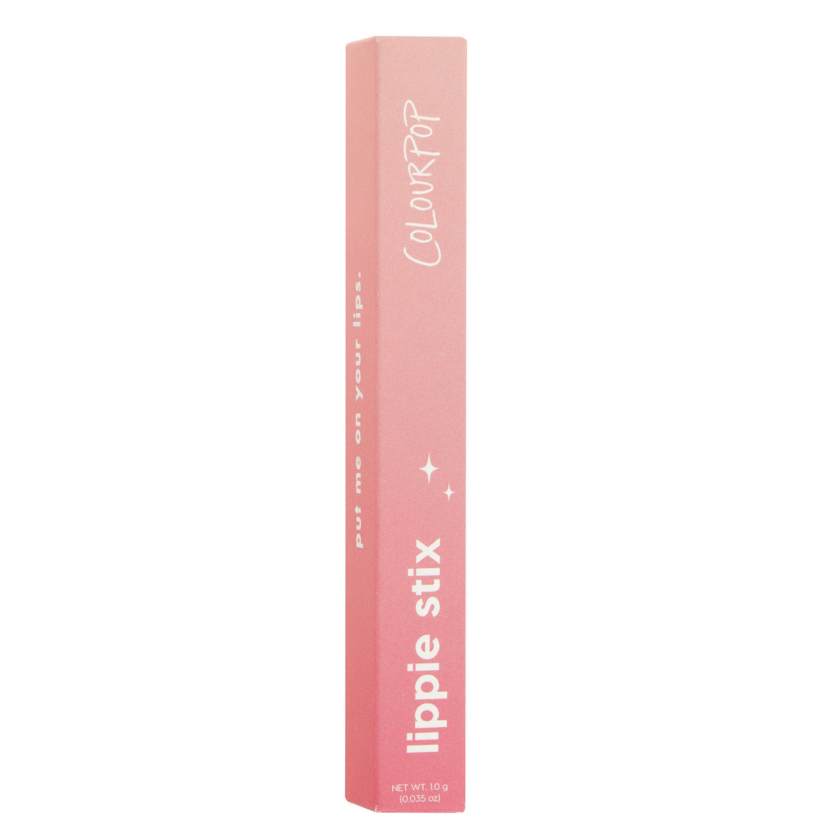 ColourPop Lippie Stix Ziggie box standing upright, pink gradient packaging displaying white ColourPop logo, star icons, and “lippie stix” text, 1.0 g (0.035 oz), shown isolated on a clean white background.