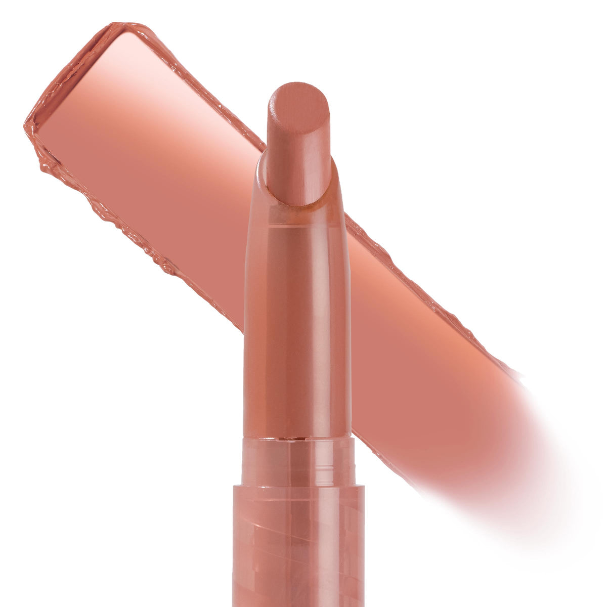 ColourPop Lippie Stix In the Nude lipstick bullet standing upright with a broad swatch behind, showcasing a warm peach‑beige nude shade in a slim twist‑up tube on a white background, ideal everyday lip color.