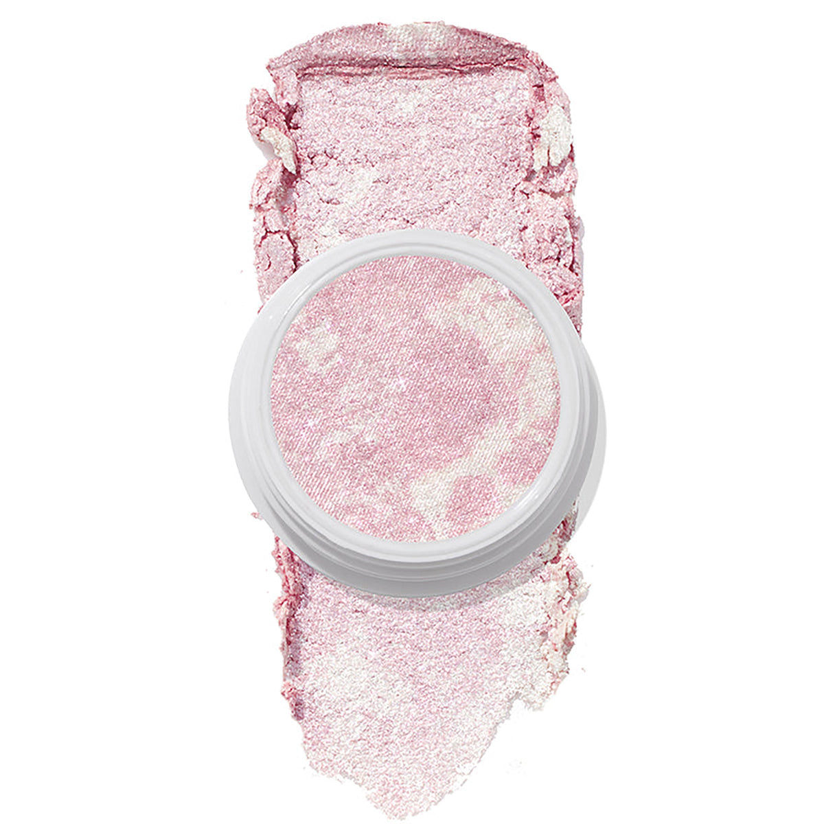 Candy Floss ColourPop Super Shock Highlighter displays a marbled pastel pink, icy-pearl pan in a white round pot, with a wide swipe of the creamy highlighter beneath to show shimmer and payoff on a clean white background.