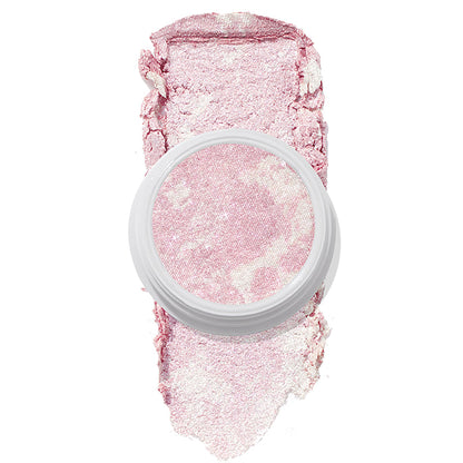 Candy Floss ColourPop Super Shock Highlighter displays a marbled pastel pink, icy-pearl pan in a white round pot, with a wide swipe of the creamy highlighter beneath to show shimmer and payoff on a clean white background.