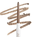 ColourPop Dope Taupe Pencil brow pencil depositing soft taupe pigment with a twist-up tip, shown with zigzag swatches on a white background for precise, natural eyebrow definition.