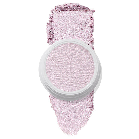ColourPop Hippo Super Shock Highlighter, an icy lavender pearlescent cream, displayed in an open pot with a thick swatch above and below to show its silky shimmer texture on a clean white background.