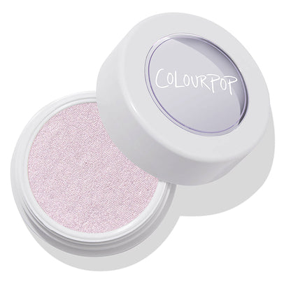 ColourPop Hippo Super Shock Highlighter opens to reveal icy lavender shimmer, in a white round pot with a clear logo lid angled back, shown under studio lighting on a clean white background.