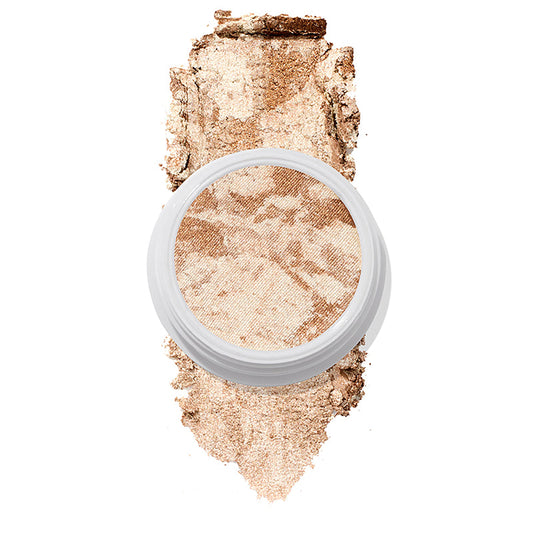 ColourPop Churro Super Shock Highlighter sits in a round white pot, its marbled champagne and bronze shimmer swatched beneath in a wide crushed streak on a clean white background.