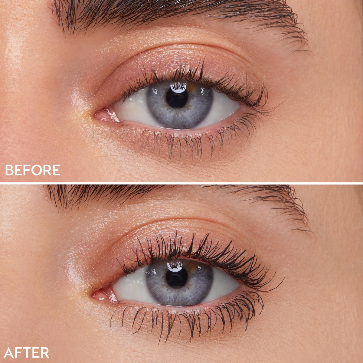 Close-up eye lashes demonstrate before-and-after results of ColourPop Act Natural Mascara, shade Brown; top panel shows bare lashes, bottom panel shows lifted, lengthened, and defined lashes with a natural, clump-free finish in a split-screen macro.