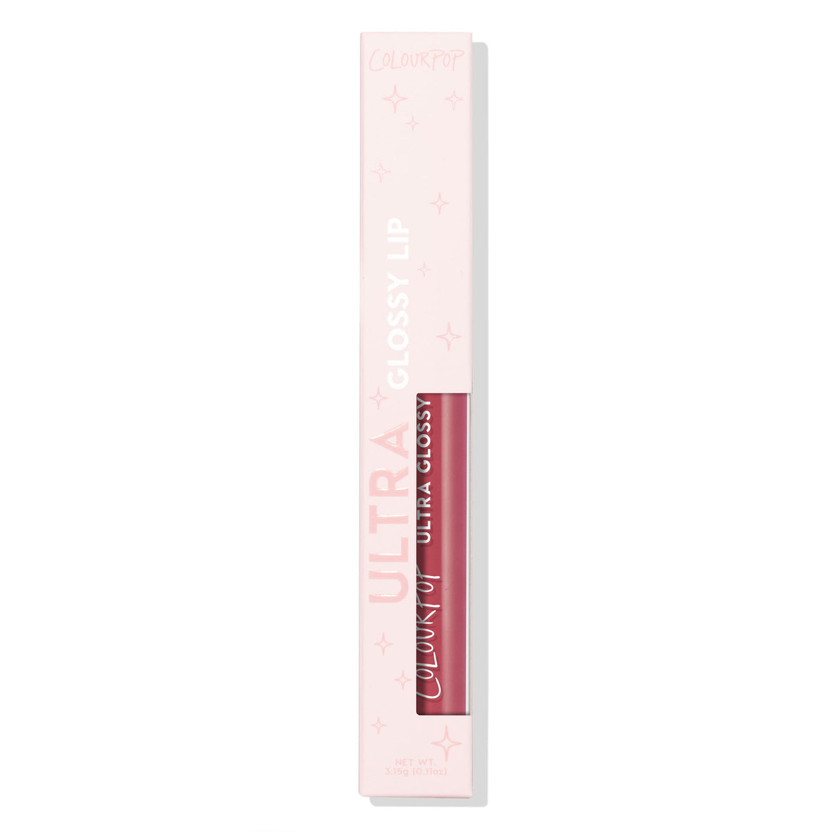 ColourPop Ultra Glossy Lip in All Me, a pink‑mauve lip gloss, shown in a pastel pink box with star accents and a clear window revealing the tube, vertical ULTRA GLOSSY branding, photographed on a clean white background.