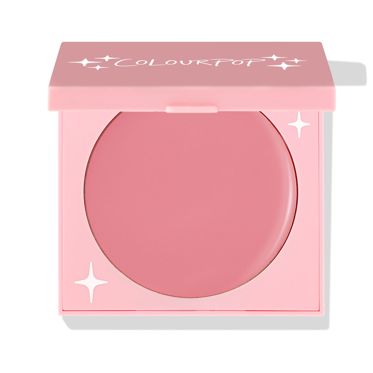 ColourPop Angel Energy cream blush compact opens to reveal a rosy pink pan, shown half-open in a square pastel-pink case with white star details and COLOURPOP logo on the lid, a ColourPop Cream Blush product on a clean white background.