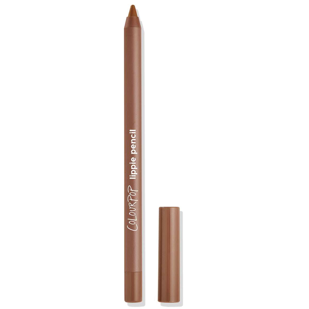 BFF3 ColourPop Lippie Pencil standing upright with cap removed to reveal a sharpened brown tip, matte brown barrel with white branding, on a clean white background.