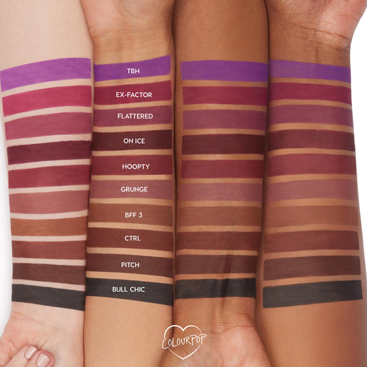 ColourPop Lippie Pencil in Bull Chic swatched as a rich matte black stripe on four arms with different skin tones, shown beside other lip liner shades to highlight opacity and contrast.