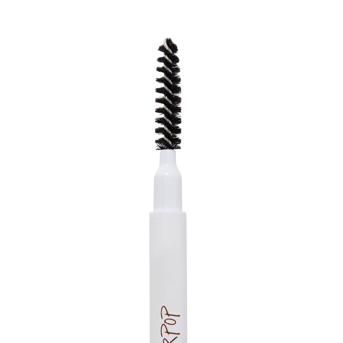 Champagne Blonde Pencil brow pencil by ColourPop, spoolie end standing upright in a macro close-up, black spiral bristles on a white tube against a clean white background for shaping and blending brows.