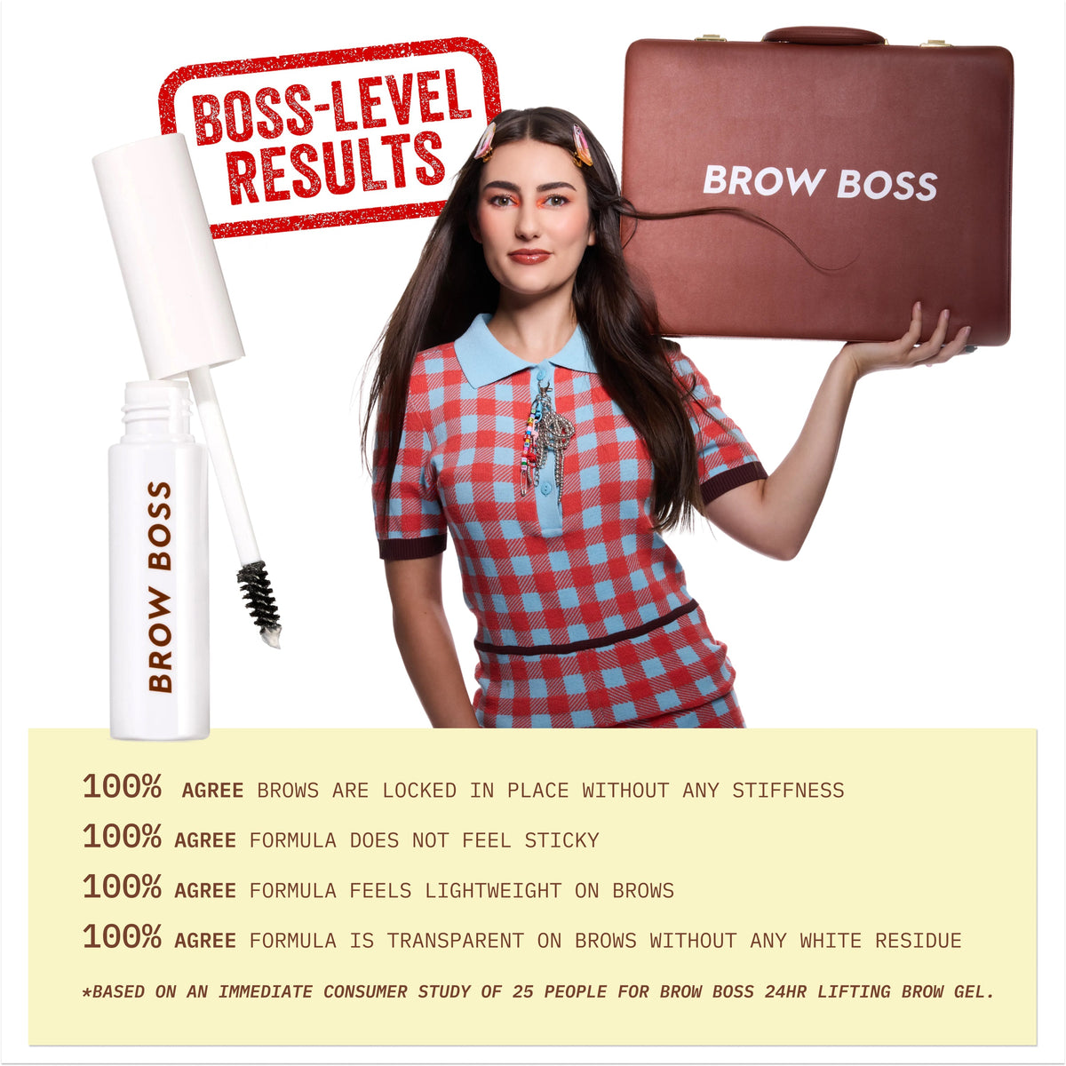 Clear Brow Boss Gel brow makeup shown with open wand beside a stylish woman holding a brown briefcase labeled “Brow Boss,” highlighting claims of 100% consumer agreement on lightweight, non-sticky, transparent, long-lasting brow hold.